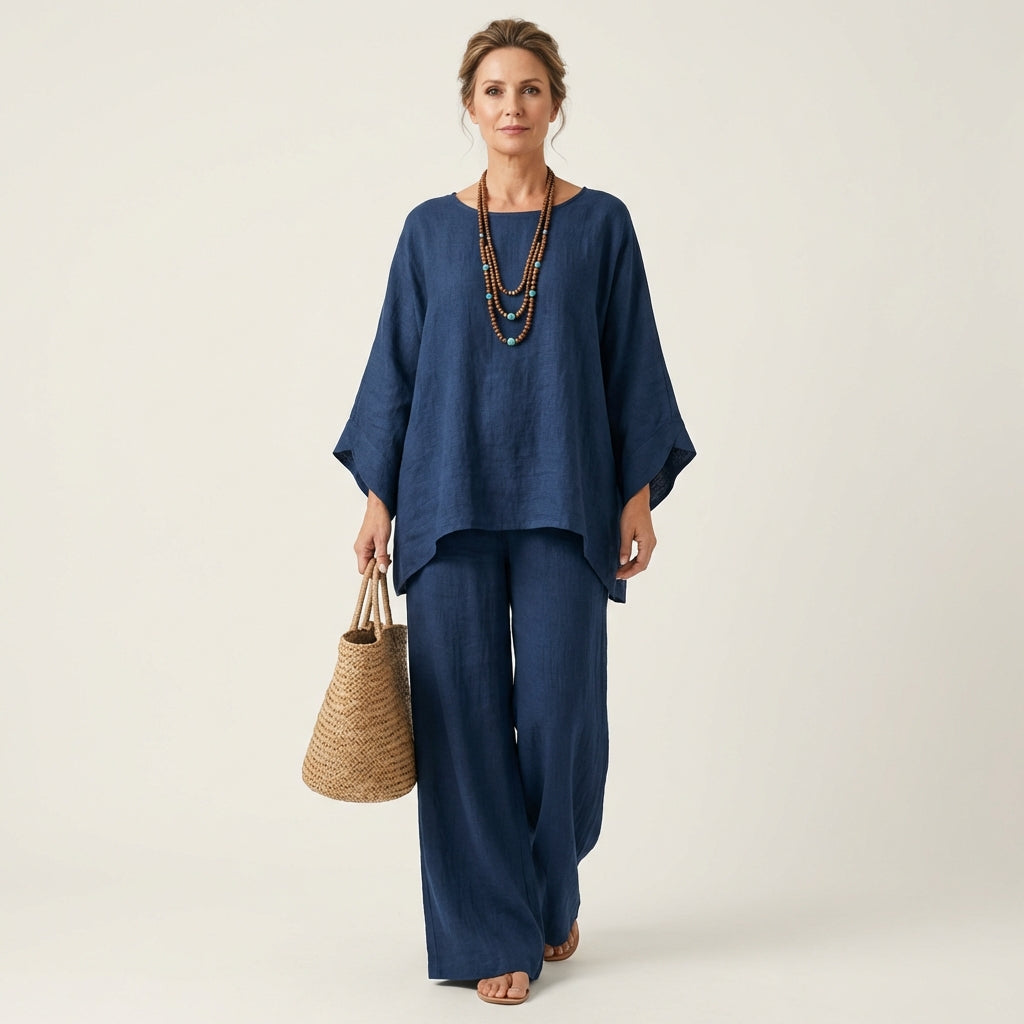 Mafalda, coordinato tunica e pantaloni effetto lino, blu navy