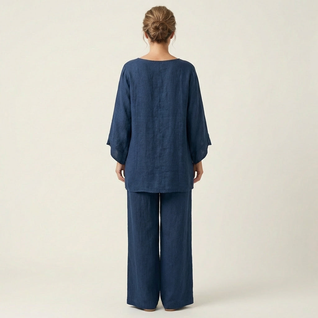 Mafalda, coordinato tunica e pantaloni effetto lino, blu navy