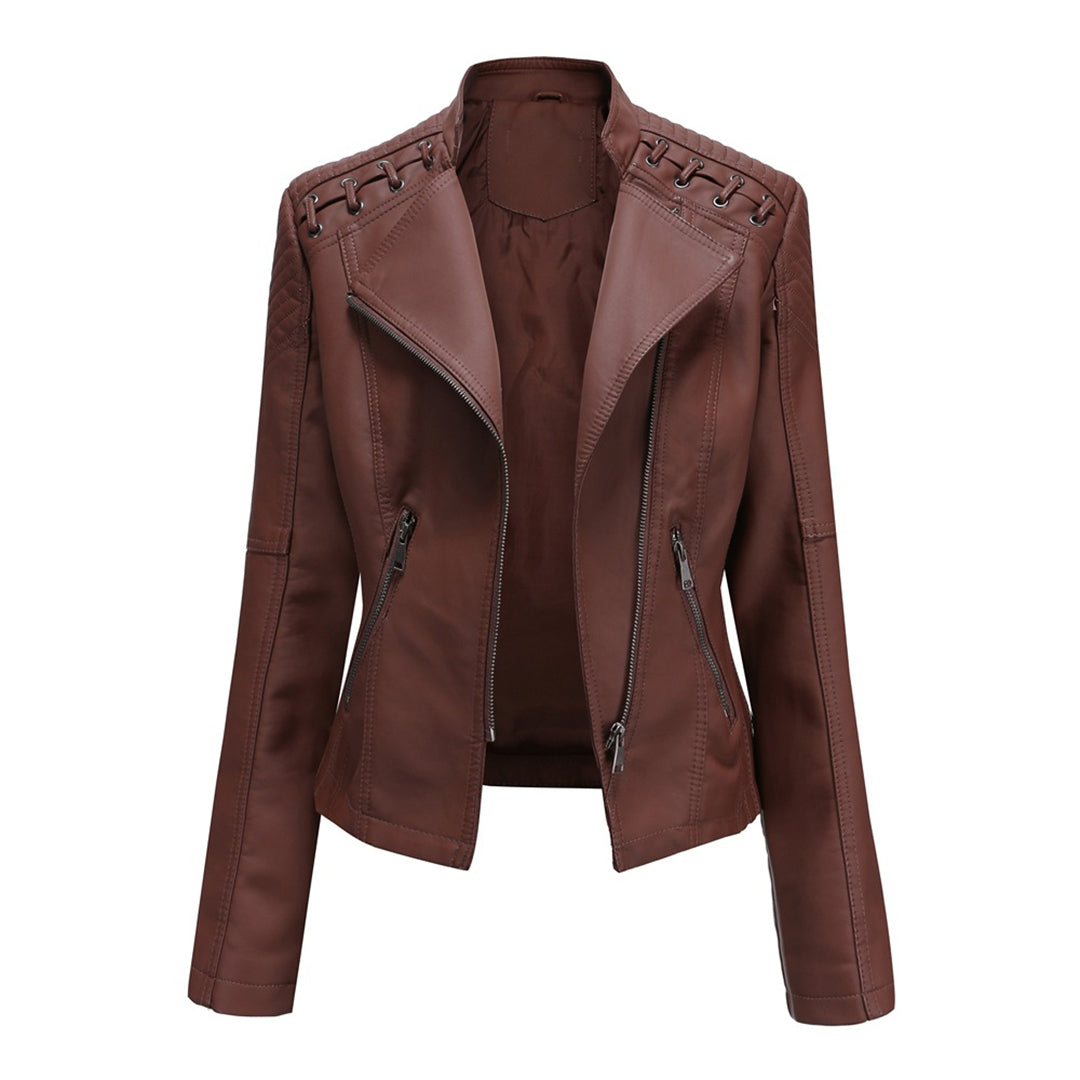 Margherita, giacca biker effetto pelle, marrone cioccolato