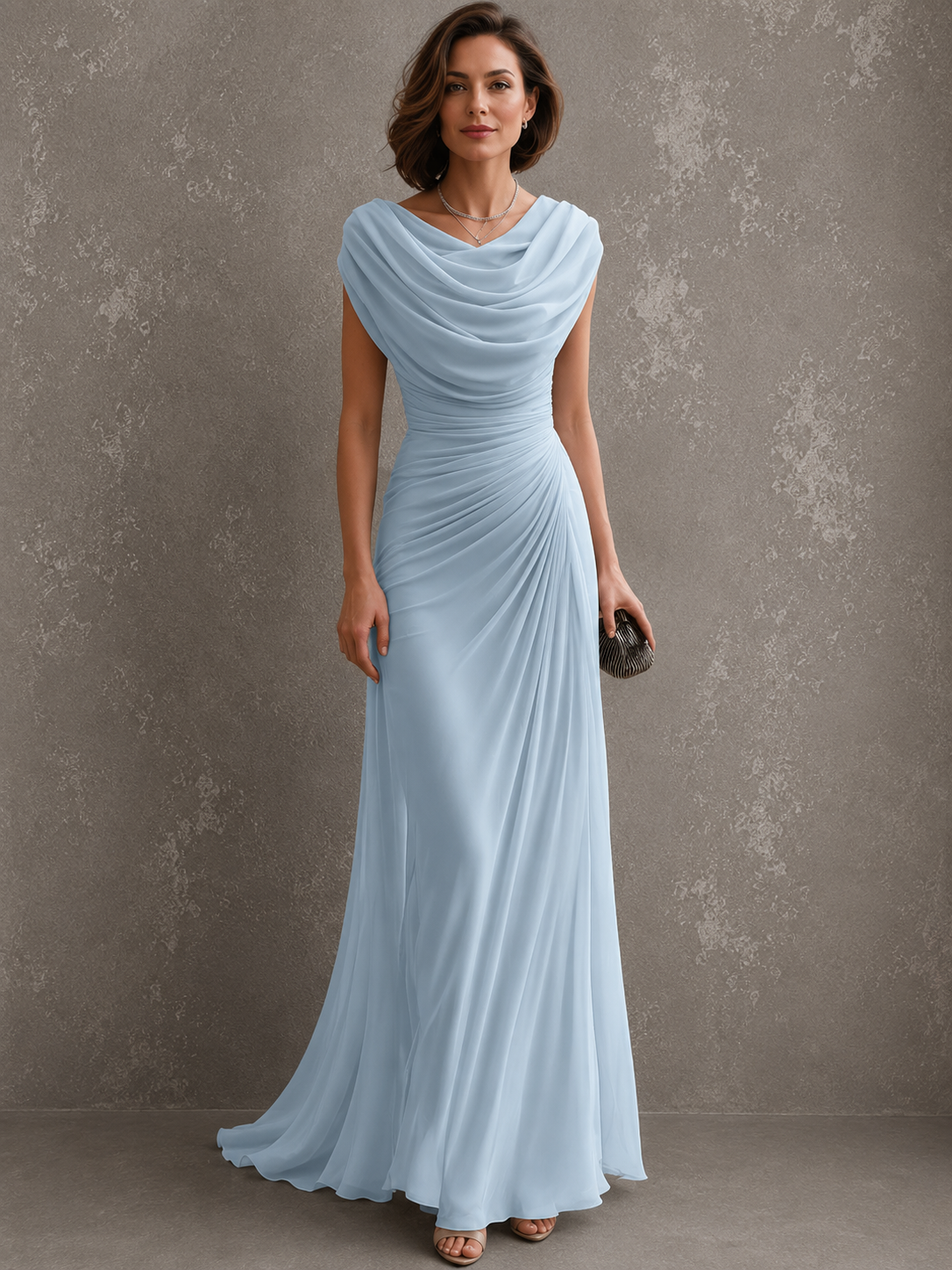 Melania, vestito lungo con scollo drappeggiato, azzurro chiaro