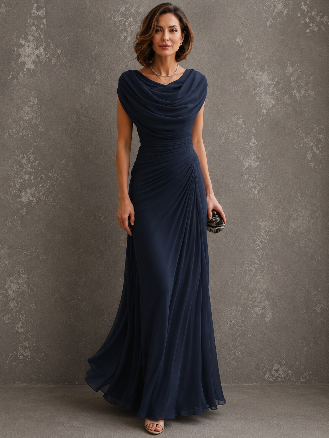 Melania, vestito lungo con scollo drappeggiato, blu navy