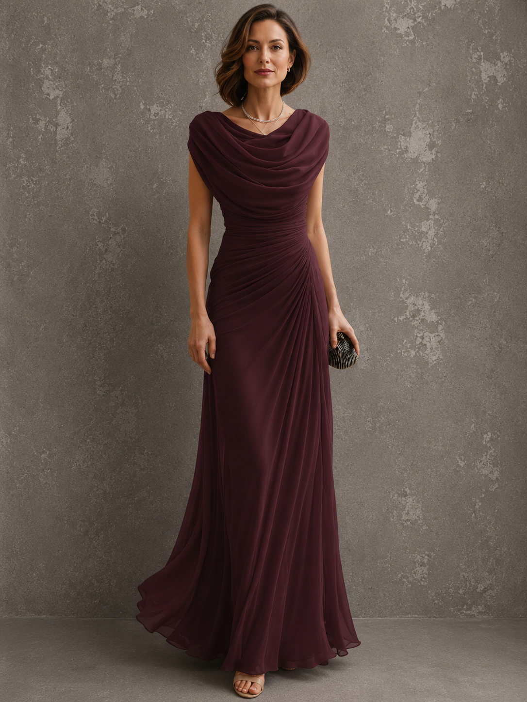 Melania, vestito lungo con scollo drappeggiato, bordeaux