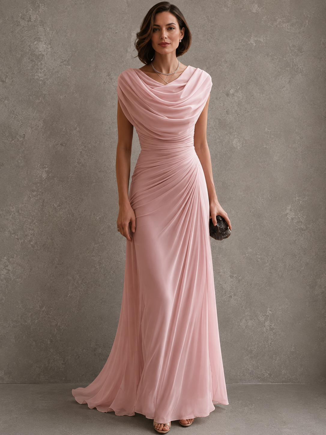 Melania, vestito lungo con scollo drappeggiato, rosa chiaro