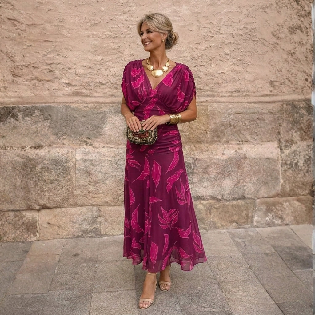 Michela, vestito lungo in chiffon con spalle scoperte, floreale fucsia