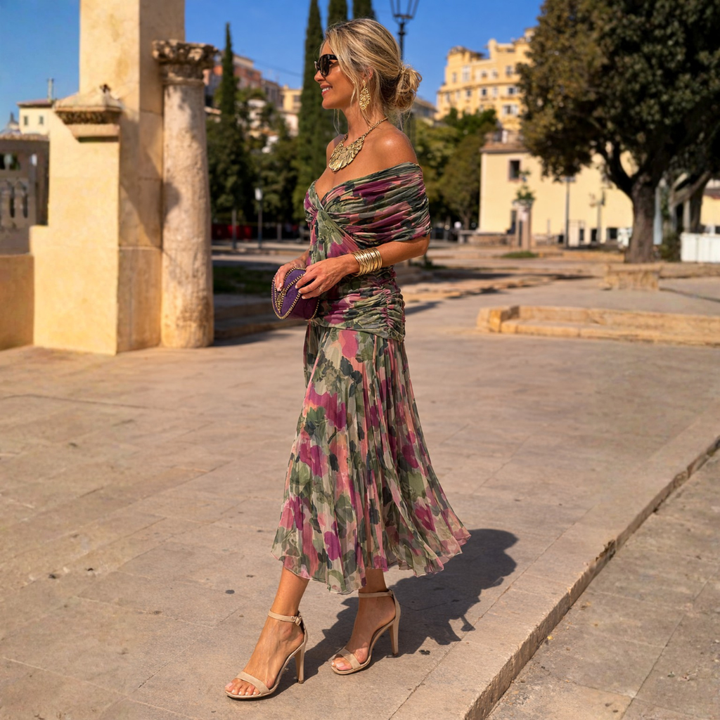 Michela, vestito lungo in chiffon con spalle scoperte, floreale verde oliva
