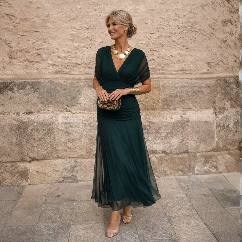 Michela, vestito lungo in chiffon con spalle scoperte, verde scuro