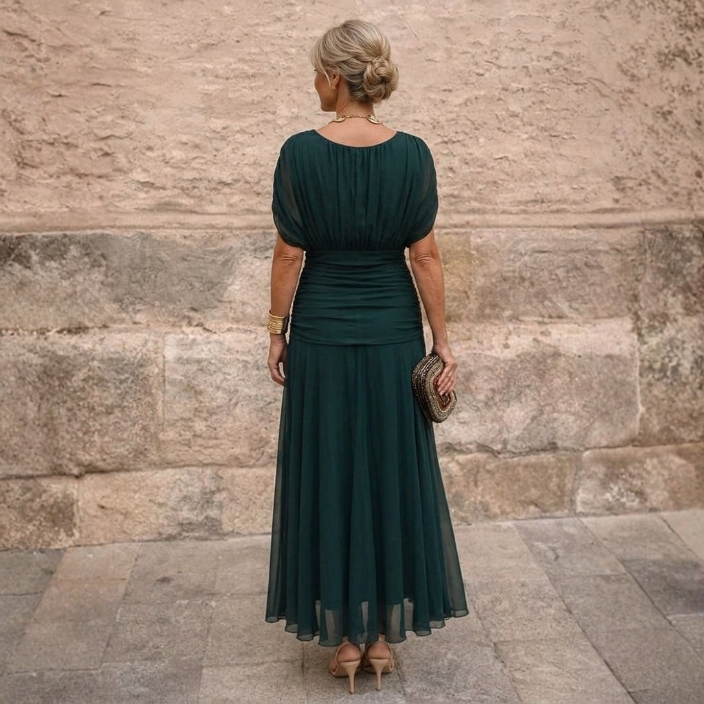 Michela, vestito lungo in chiffon con spalle scoperte, verde scuro