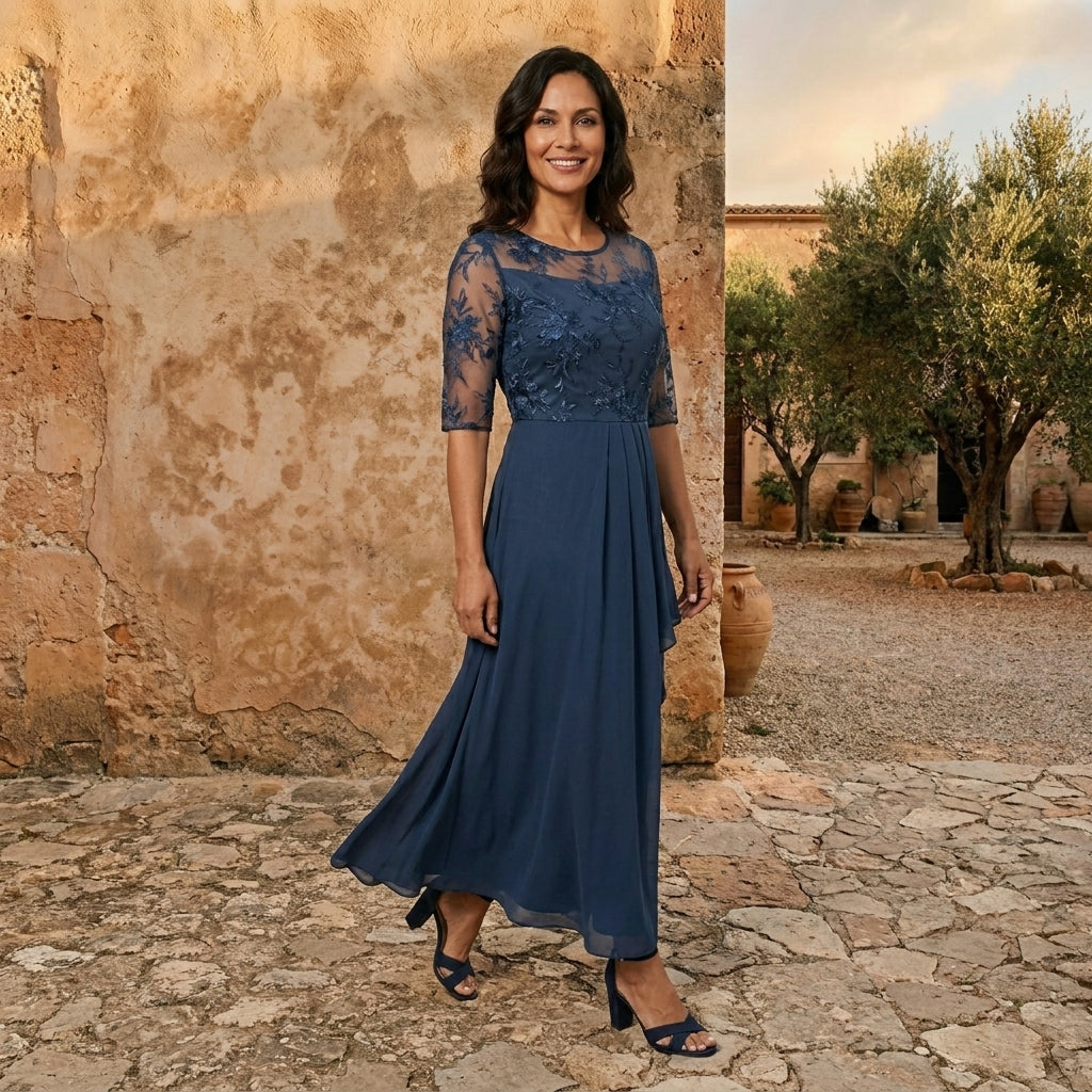Morena, vestito lungo in chiffon con corpetto in pizzo, blu navy