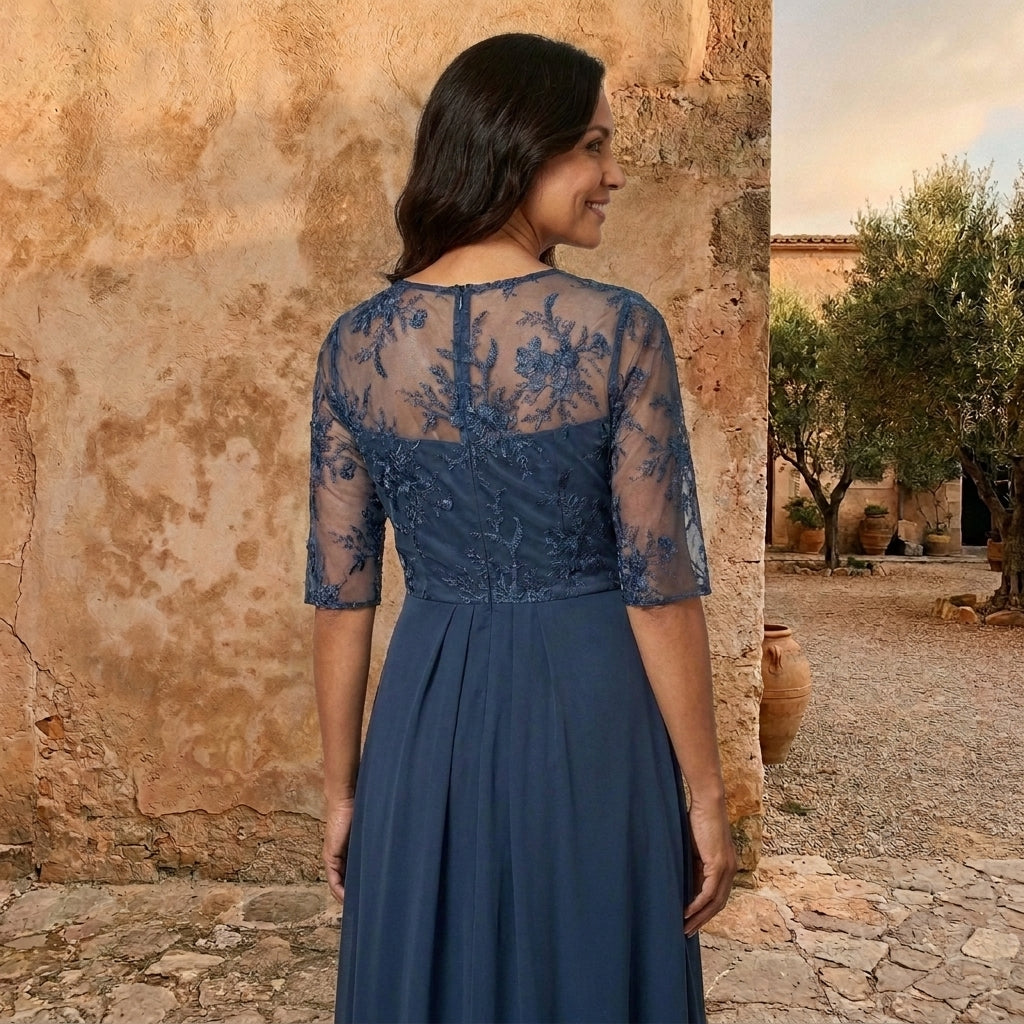Morena, vestito lungo in chiffon con corpetto in pizzo, blu navy