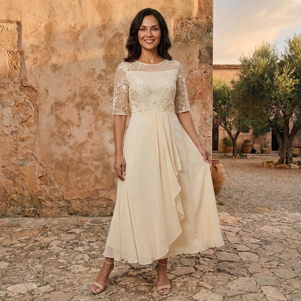 Morena, vestito lungo in chiffon con corpetto in pizzo, crema