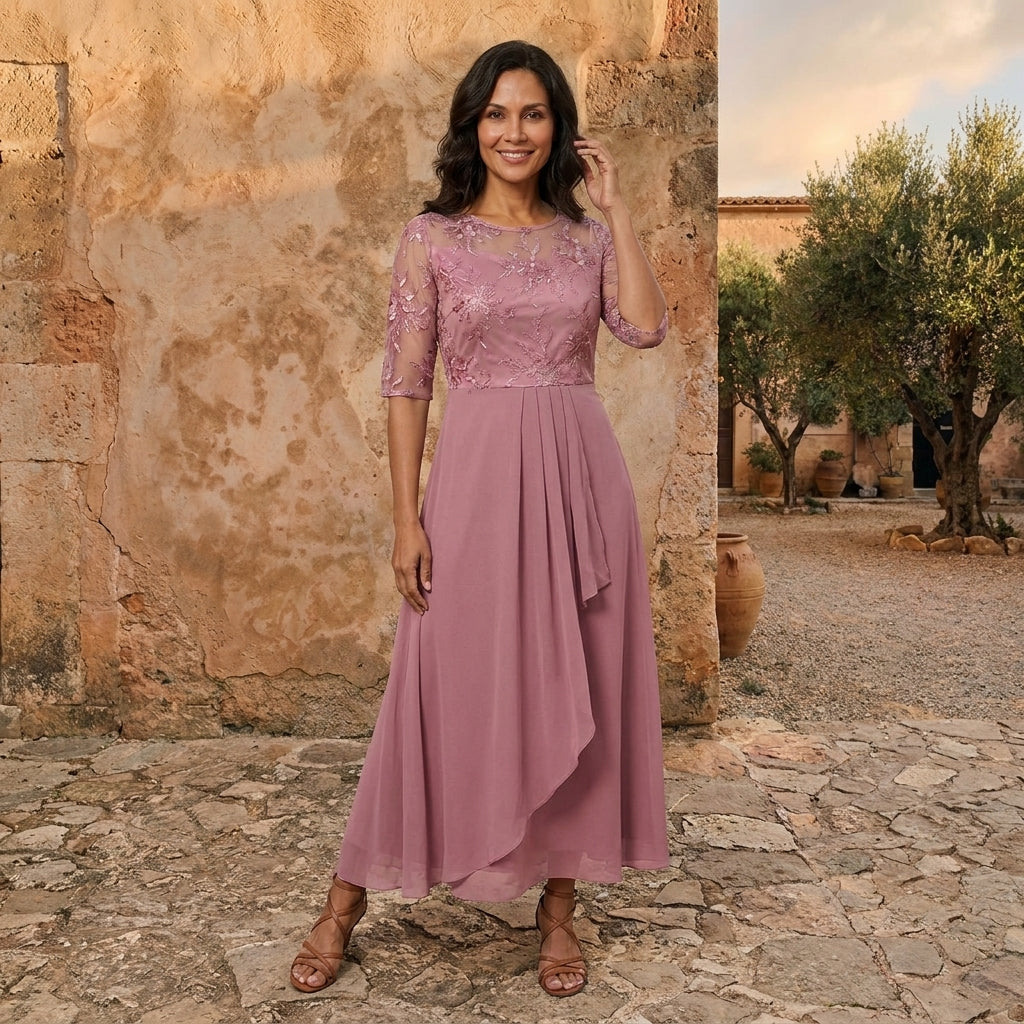 Morena, vestito lungo in chiffon con corpetto in pizzo, rosa antico