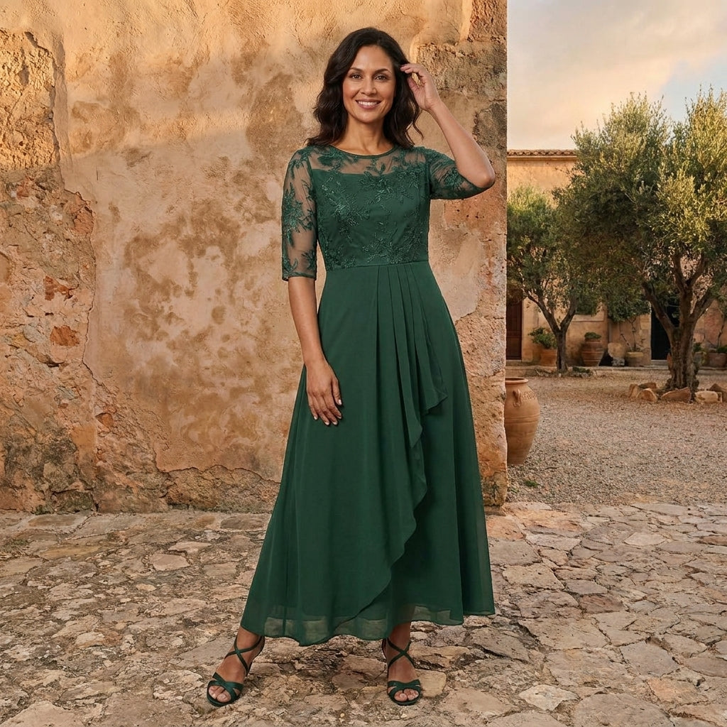 Morena, vestito lungo in chiffon con corpetto in pizzo, verde scuro