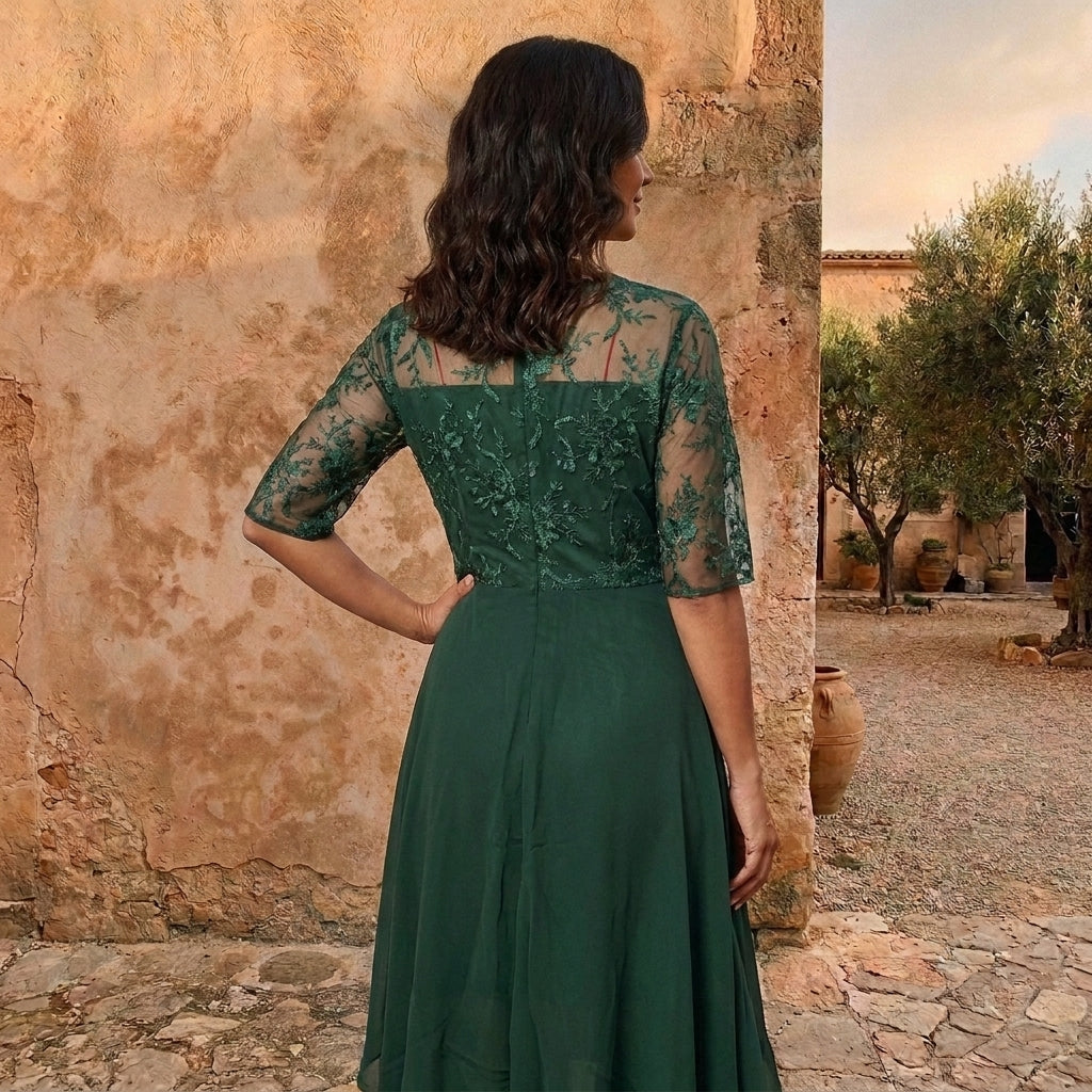 Morena, vestito lungo in chiffon con corpetto in pizzo, verde scuro