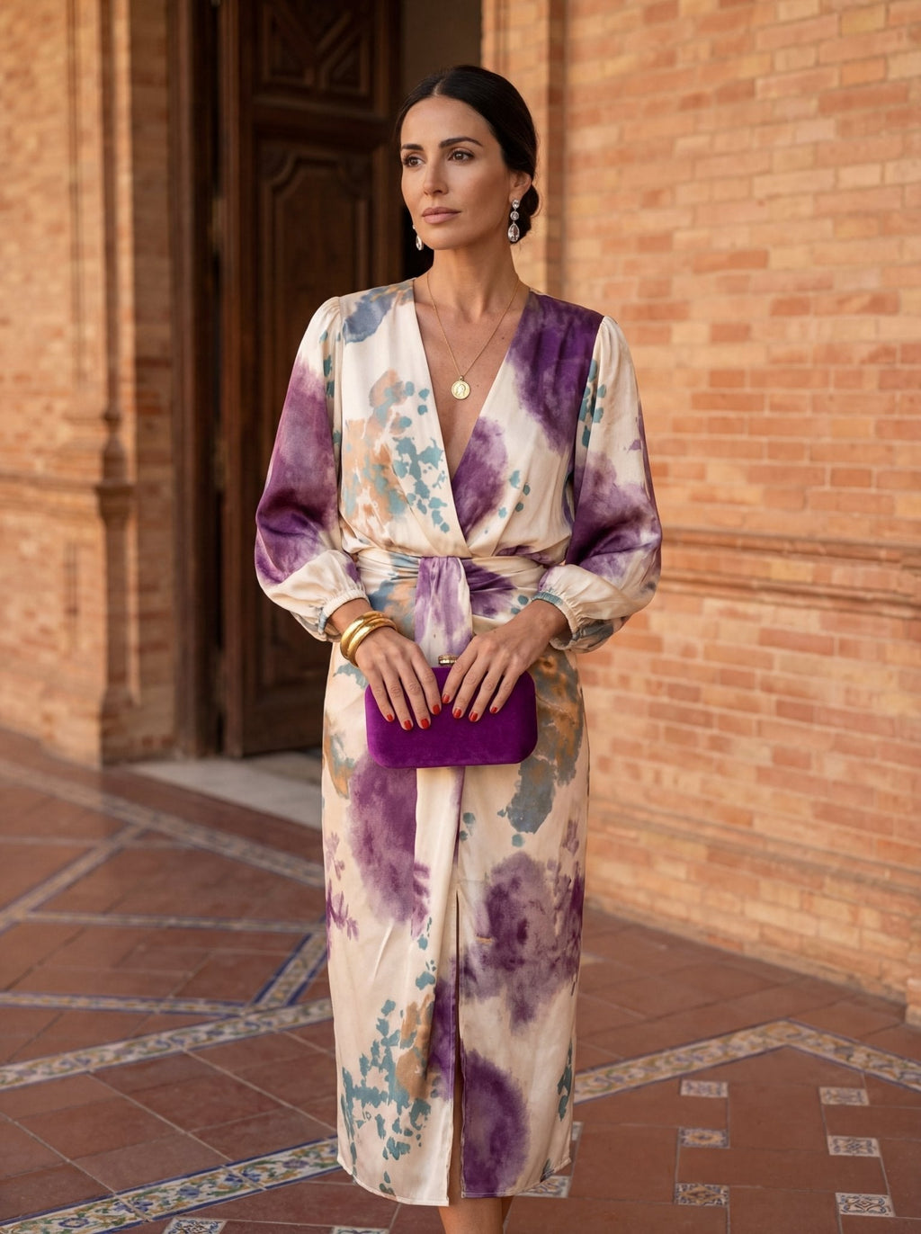 Olivia, vestito midi stampato con scollo a V e cintura, crema e viola