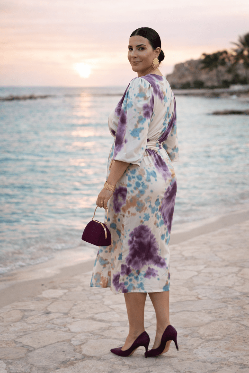 Olivia, vestito midi stampato con scollo a V e cintura, crema e viola