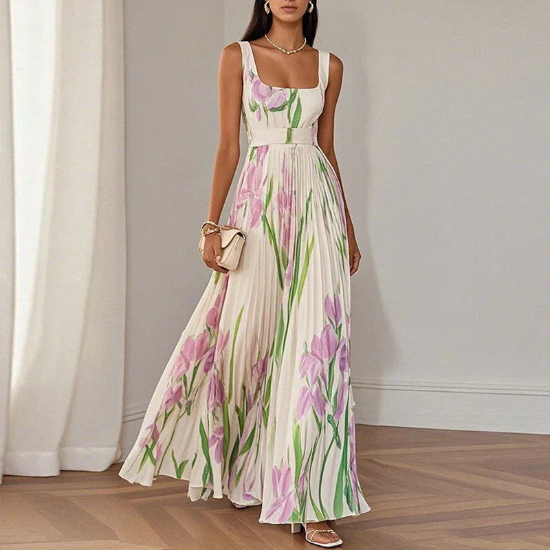 Oriana, vestito lungo plissettato floreale, albicocca e viola