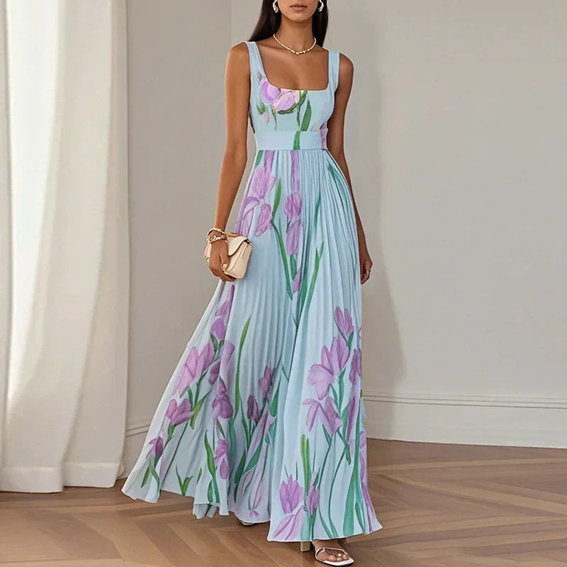 Oriana, vestito lungo plissettato floreale, azzurro e viola