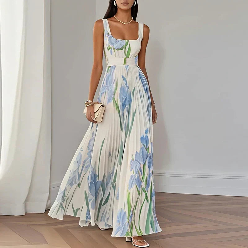 Oriana, vestito lungo plissettato floreale, bianco e blu
