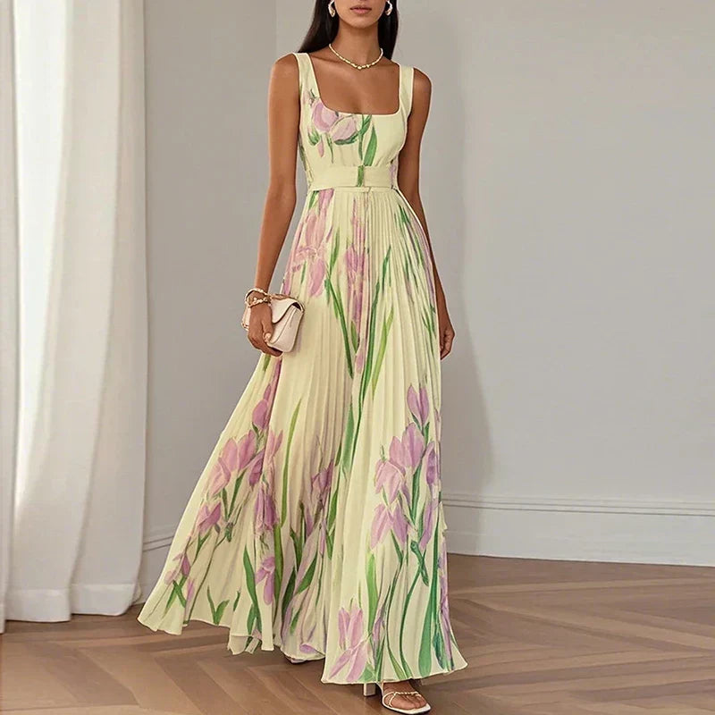 Oriana, vestito lungo plissettato floreale, giallo e rosa
