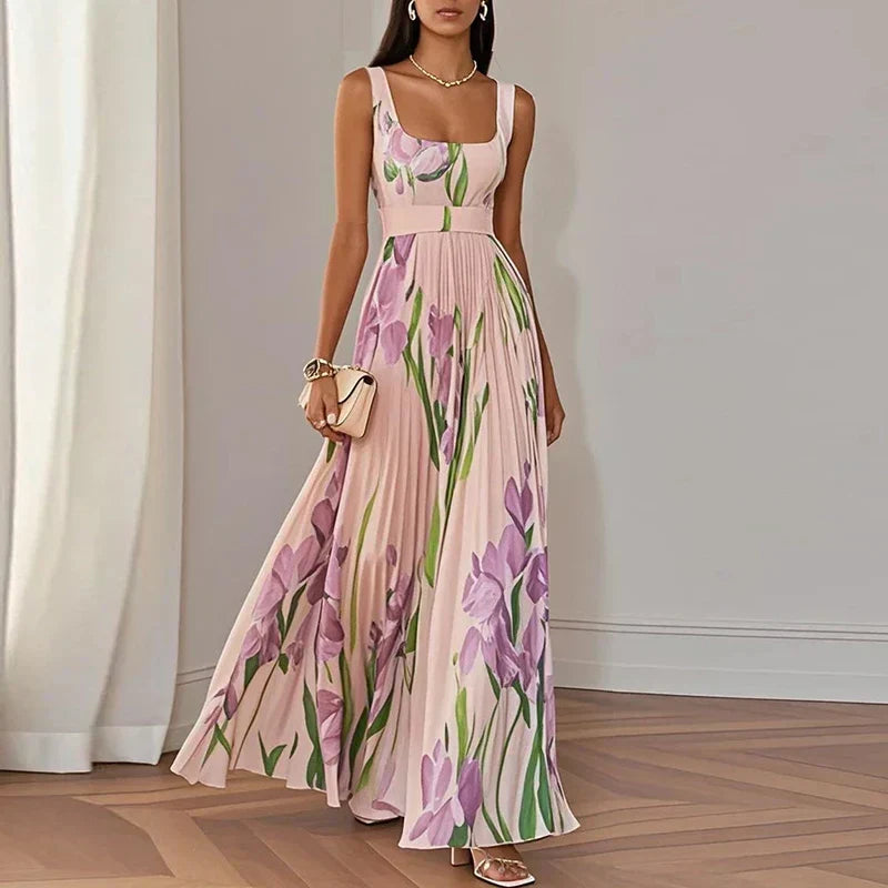 Oriana, vestito lungo plissettato floreale, rosa e viola