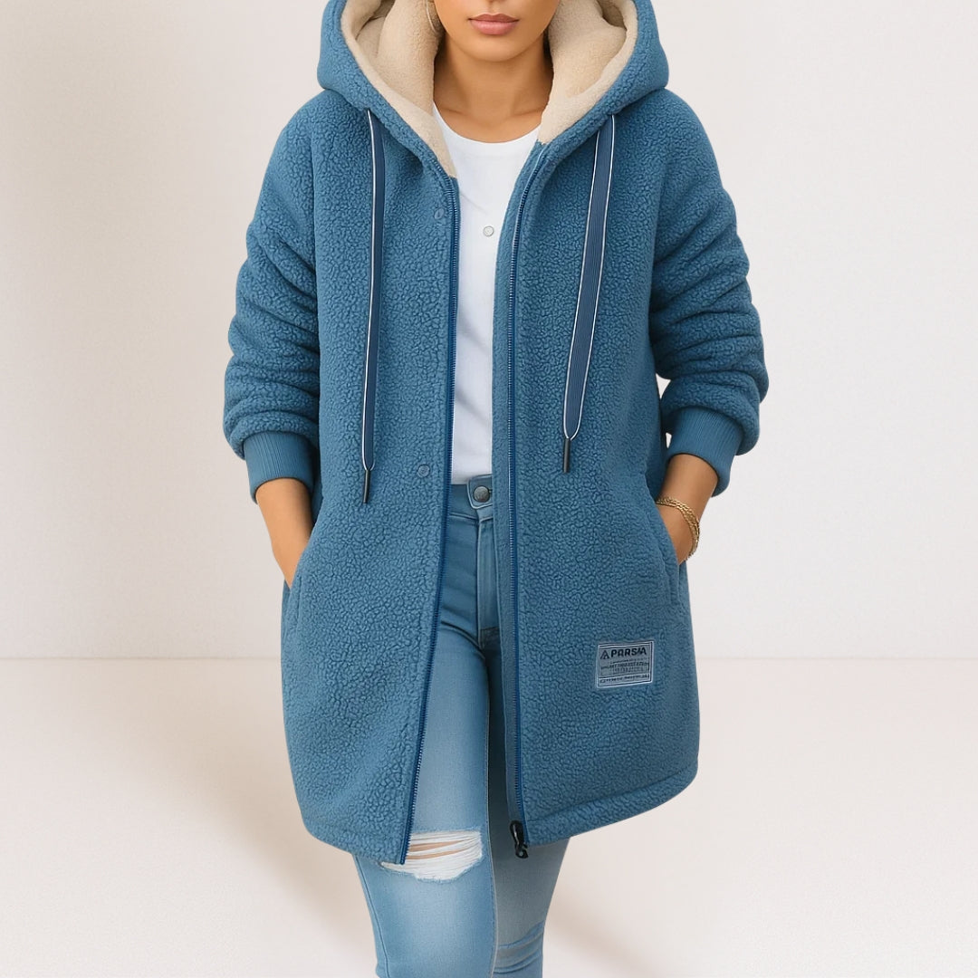 Orsola, giacca lunga effetto montone con cappuccio, blu denim