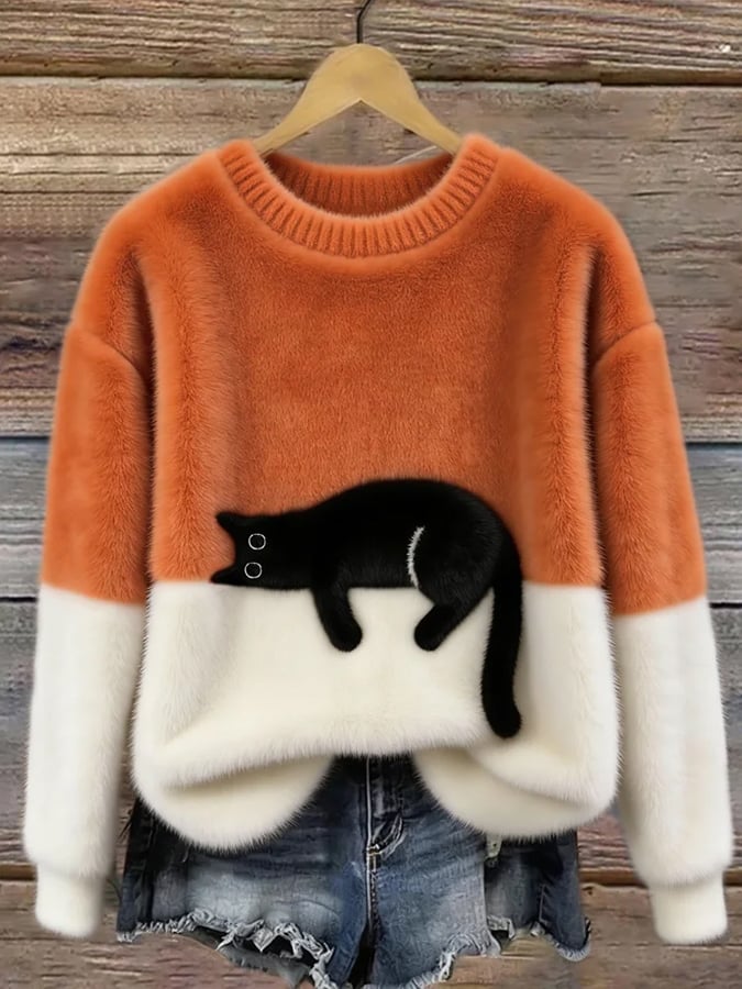 Ottavia, maglione bicolore con gatto, arancione