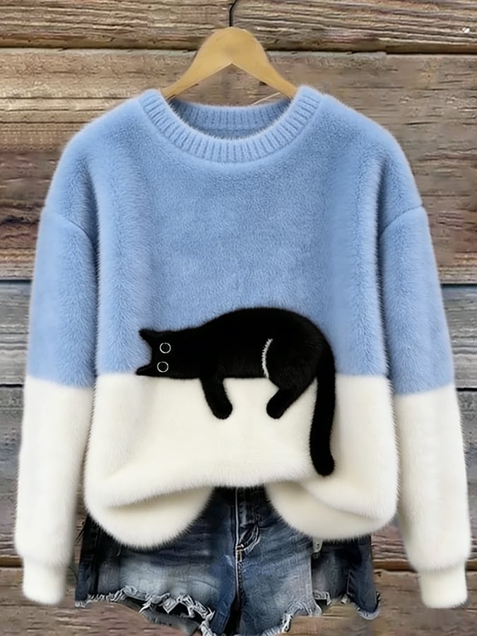 Ottavia, maglione bicolore con gatto, azzurro chiaro