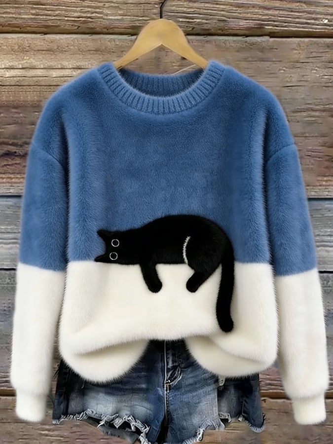 Ottavia, maglione bicolore con gatto, blu