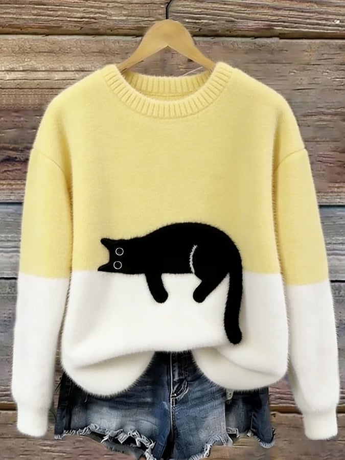 Ottavia, maglione bicolore con gatto, giallo chiaro