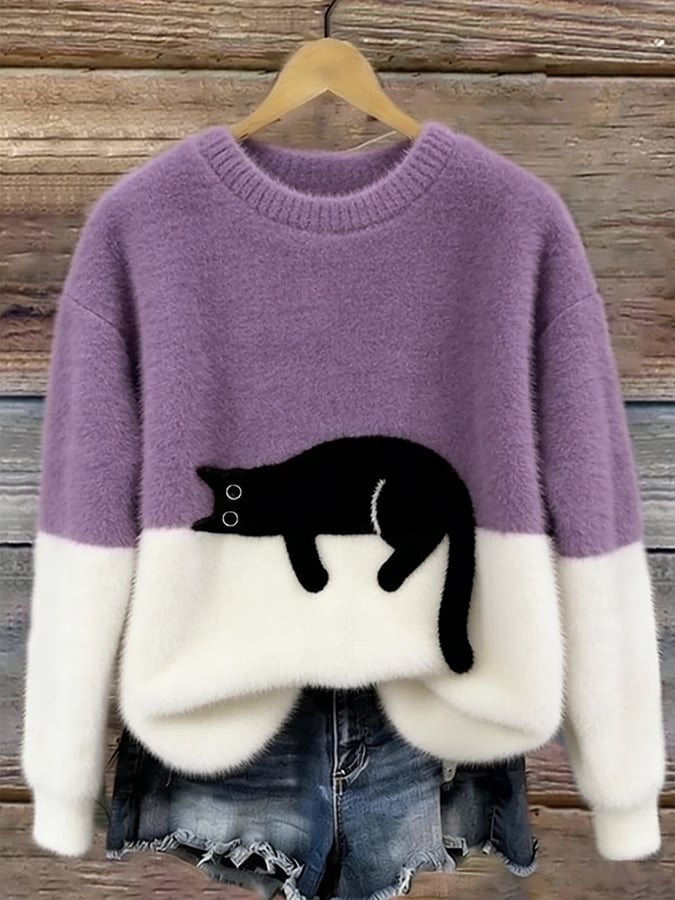 Ottavia, maglione bicolore con gatto, lilla