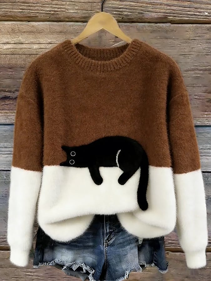 Ottavia, maglione bicolore con gatto, marrone