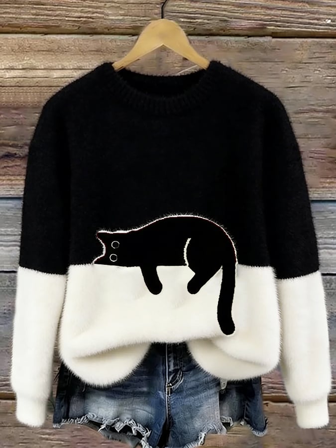 Ottavia, maglione bicolore con gatto, nero