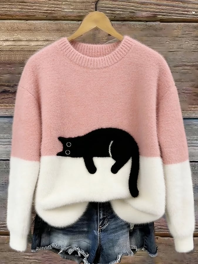 Ottavia, maglione bicolore con gatto, rosa chiaro