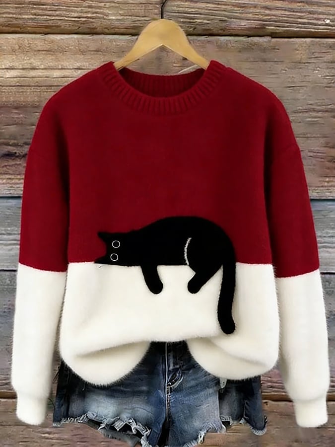 Ottavia, maglione bicolore con gatto, rosso scuro
