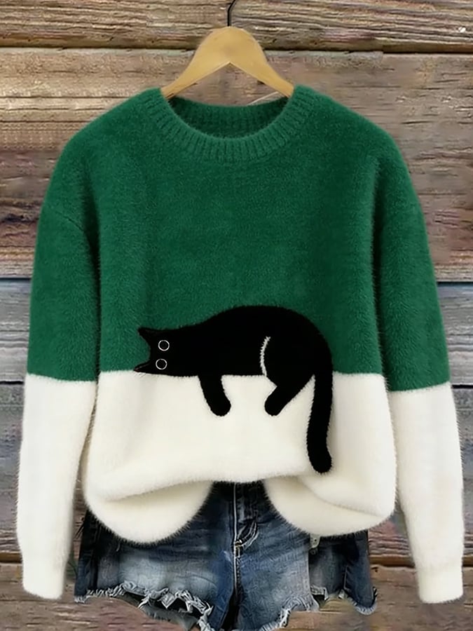 Ottavia, maglione bicolore con gatto, verde scuro