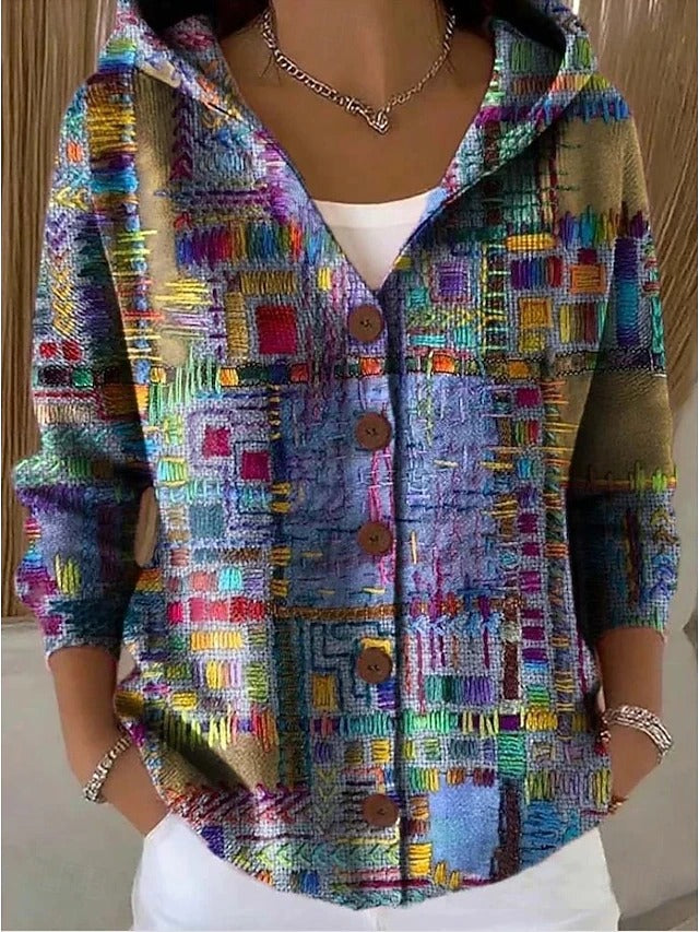 Perla, cardigan stampato con cappuccio, viola