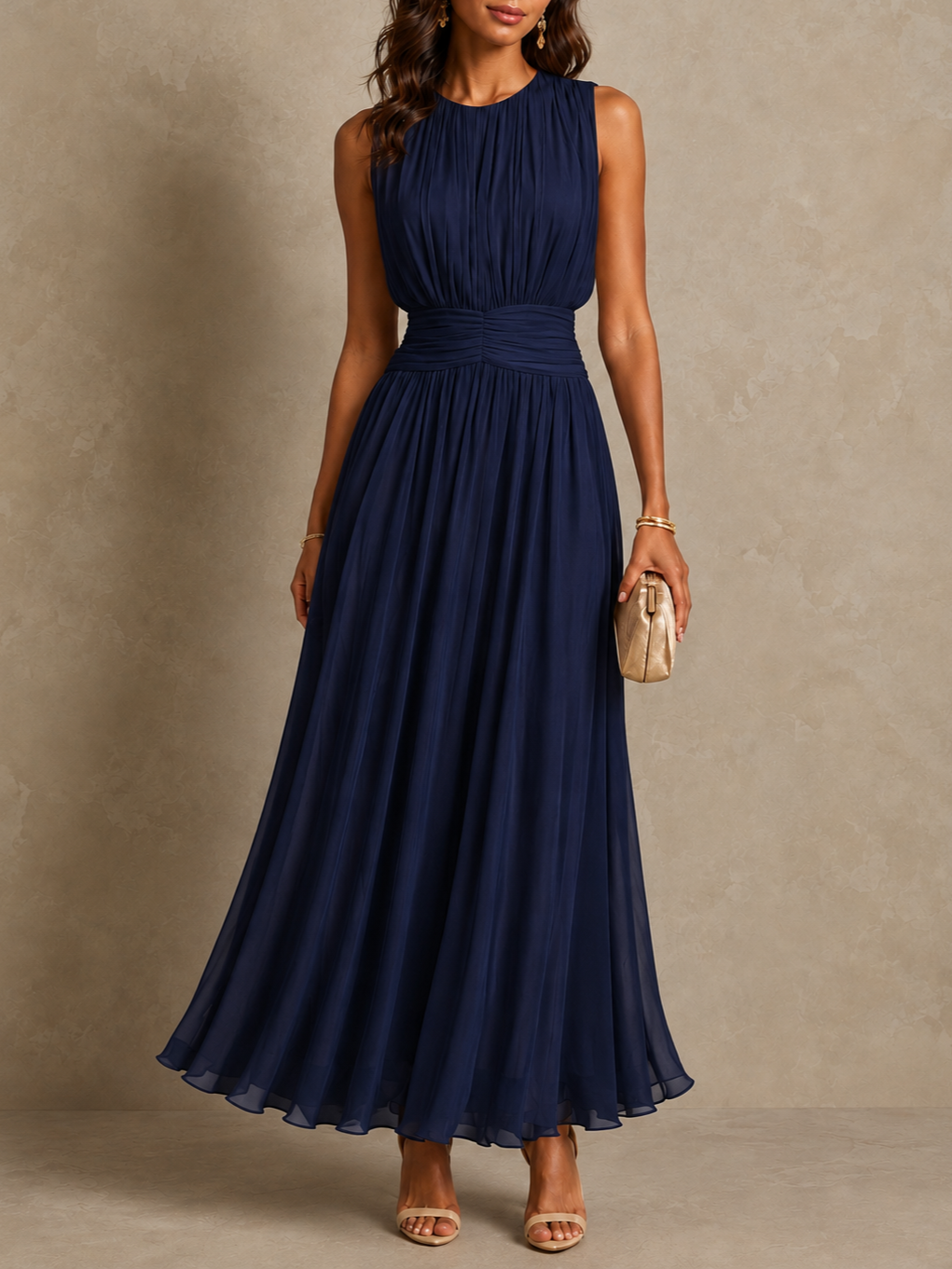Rebecca, vestito lungo in chiffon con vita arricciata, blu navy
