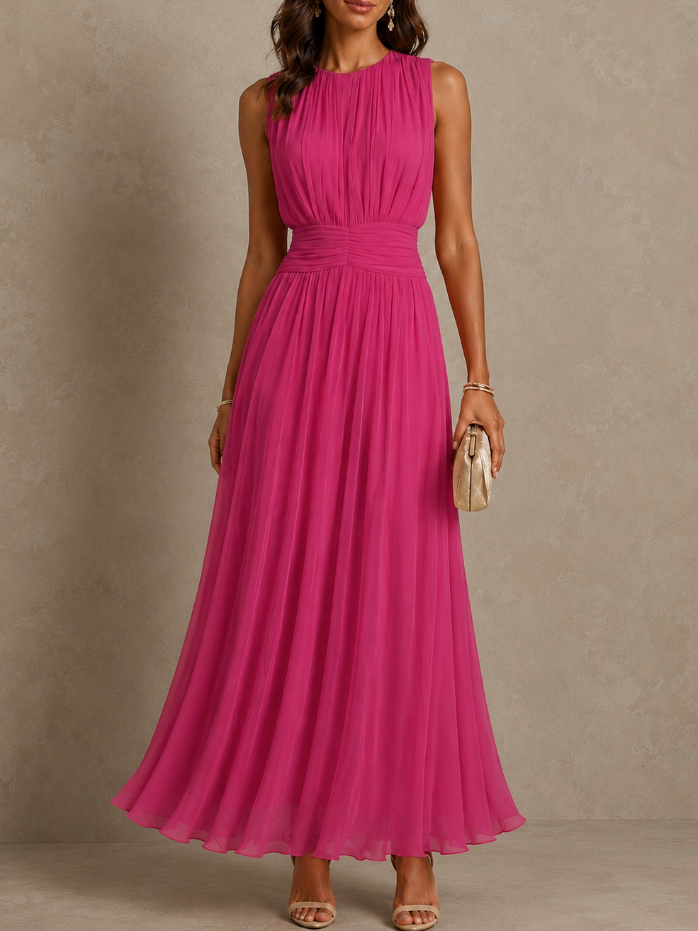 Rebecca, vestito lungo in chiffon con vita arricciata, fucsia