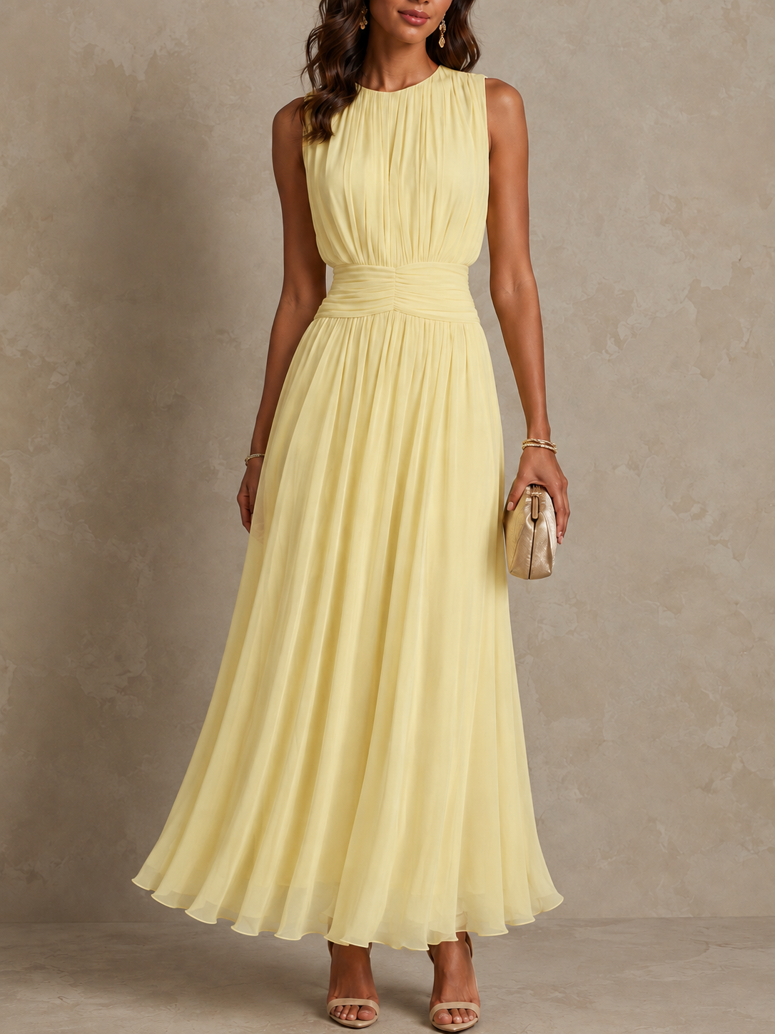Rebecca, vestito lungo in chiffon con vita arricciata, giallo chiaro