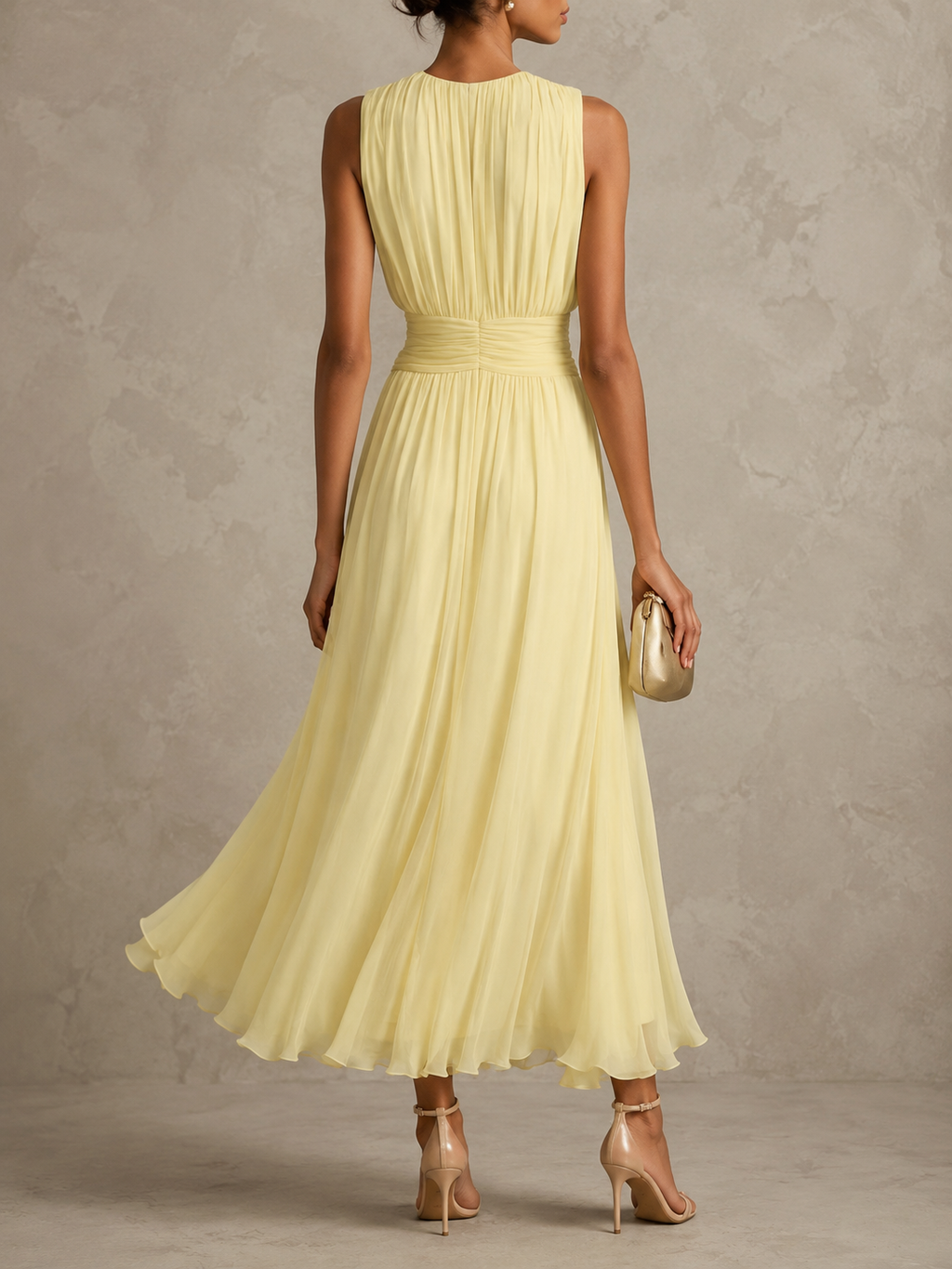 Rebecca, vestito lungo in chiffon con vita arricciata, giallo chiaro
