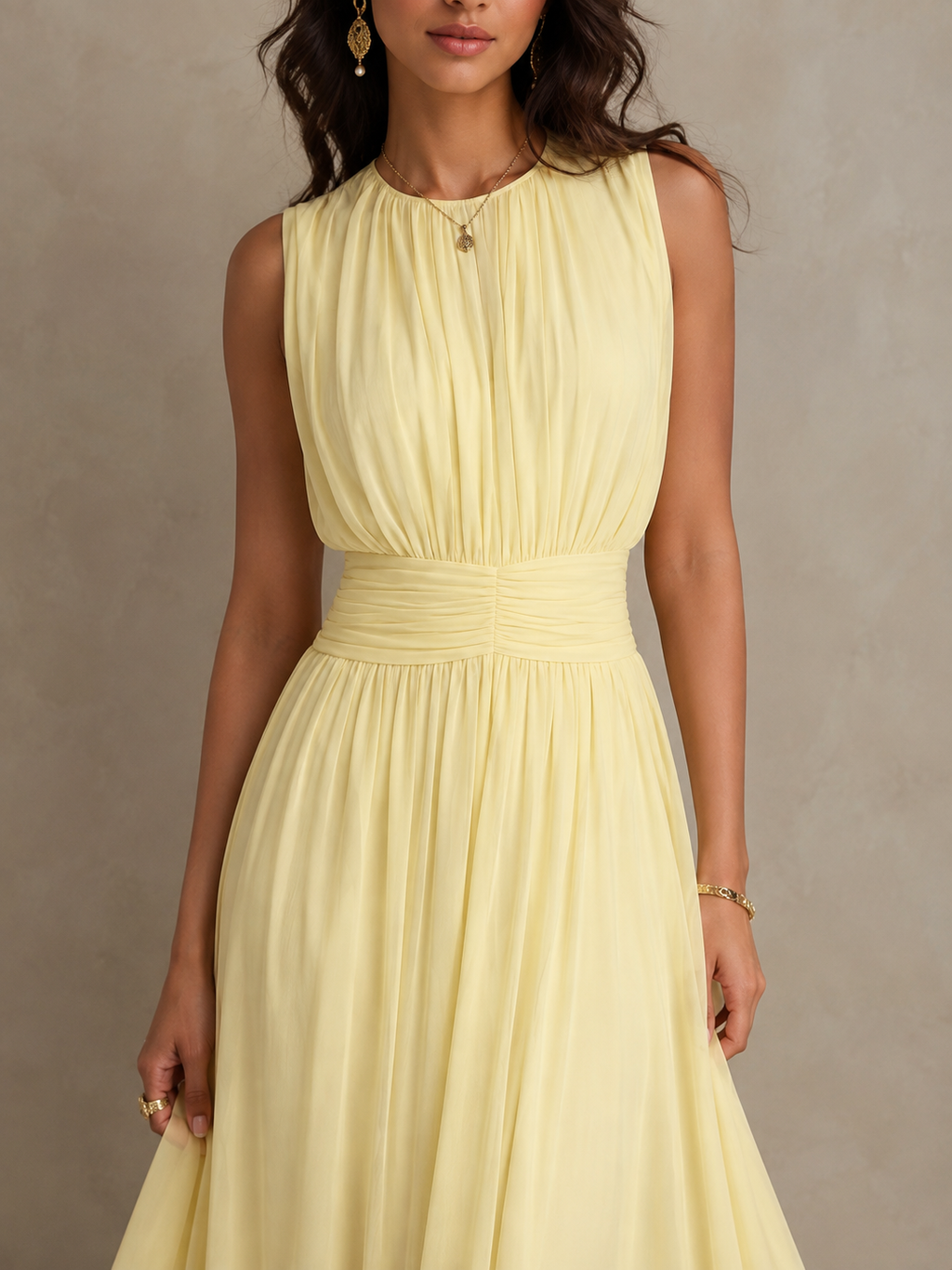 Rebecca, vestito lungo in chiffon con vita arricciata, giallo chiaro