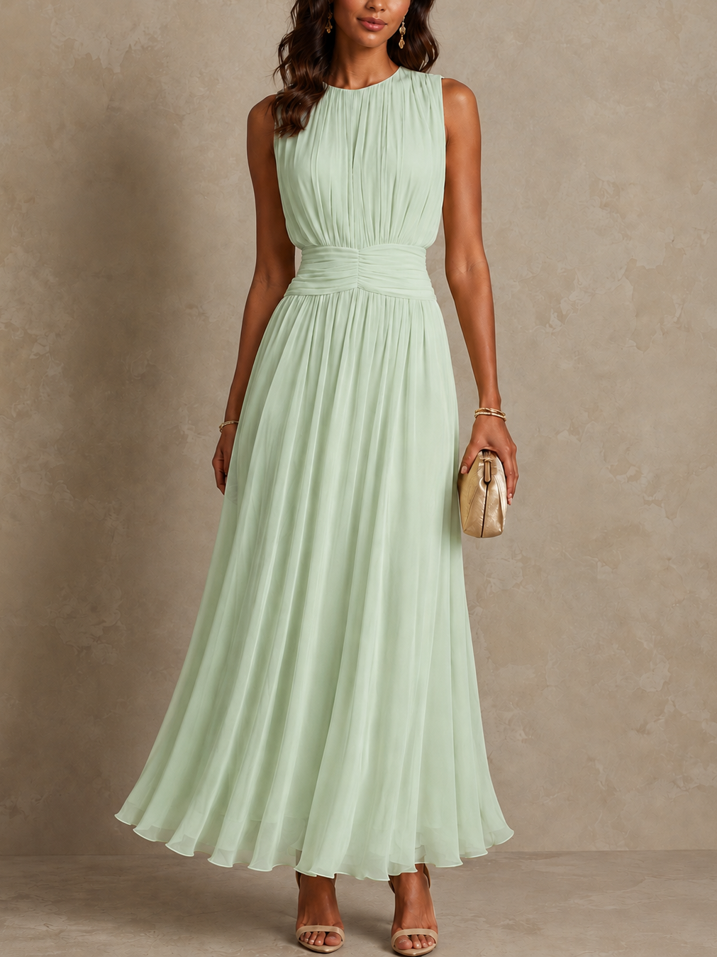 Rebecca, vestito lungo in chiffon con vita arricciata, verde menta