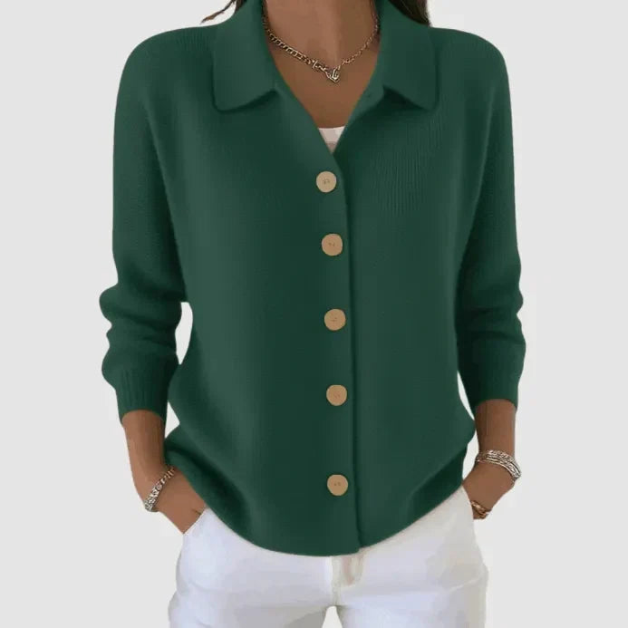 Rina, cardigan leggero con collo alla camicia, verde scuro