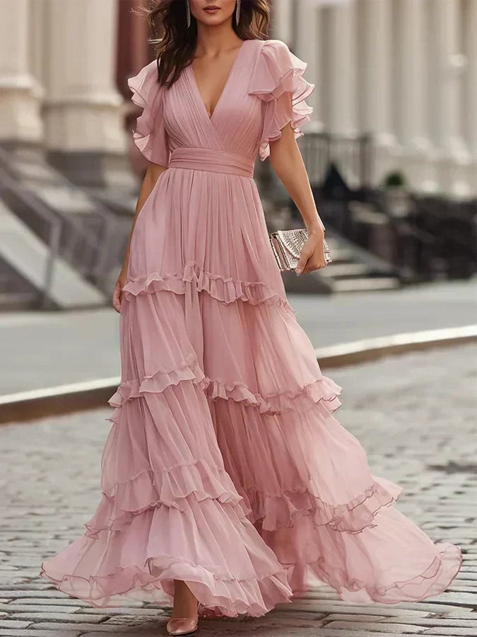 Rossella, vestito lungo a balze con maniche a farfalla, rosa chiaro