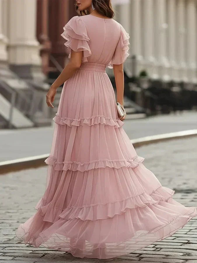 Rossella, vestito lungo a balze con maniche a farfalla, rosa chiaro
