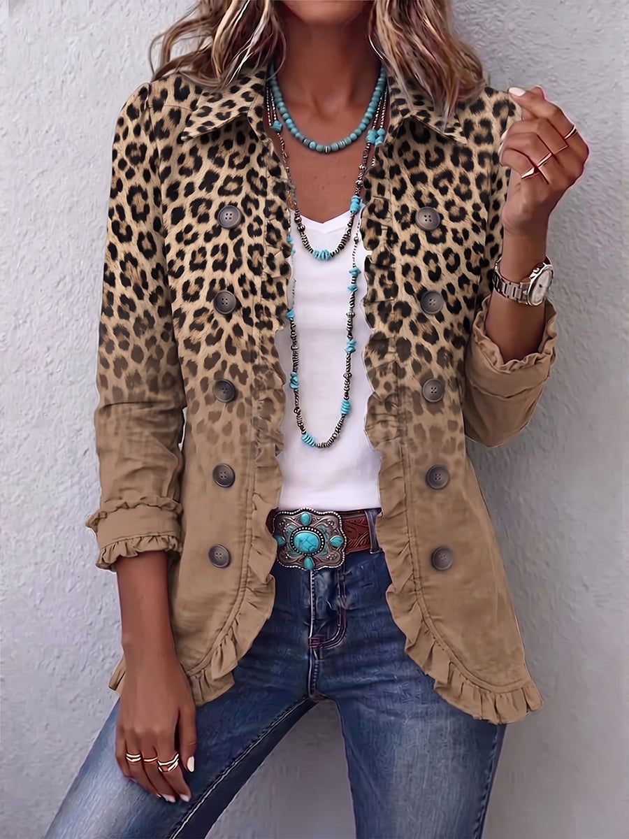 Silvana, giacca leopardo sfumata con volant, leopardo cammello