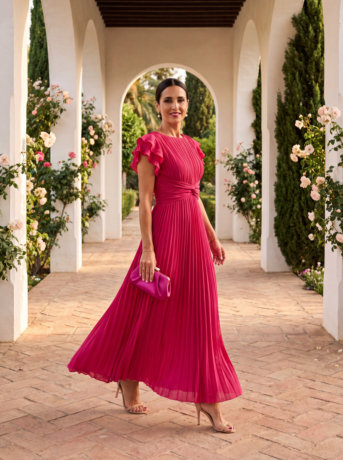 Sofia, vestito lungo plissettato con cintura da annodare, fucsia