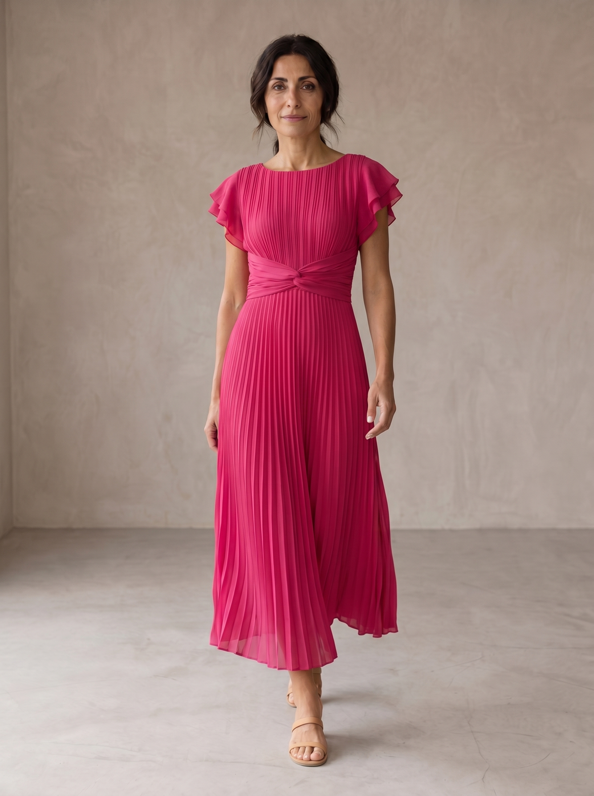 Sofia, vestito lungo plissettato con cintura da annodare, fucsia
