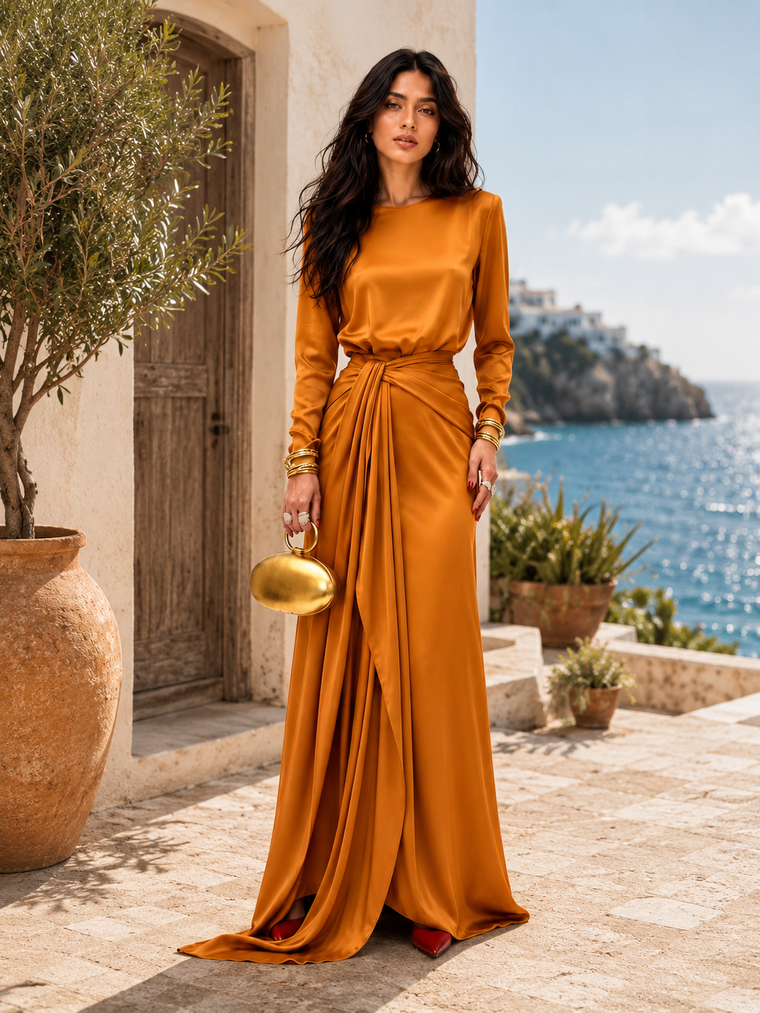 Sveva, vestito lungo effetto raso drappeggiato, arancione