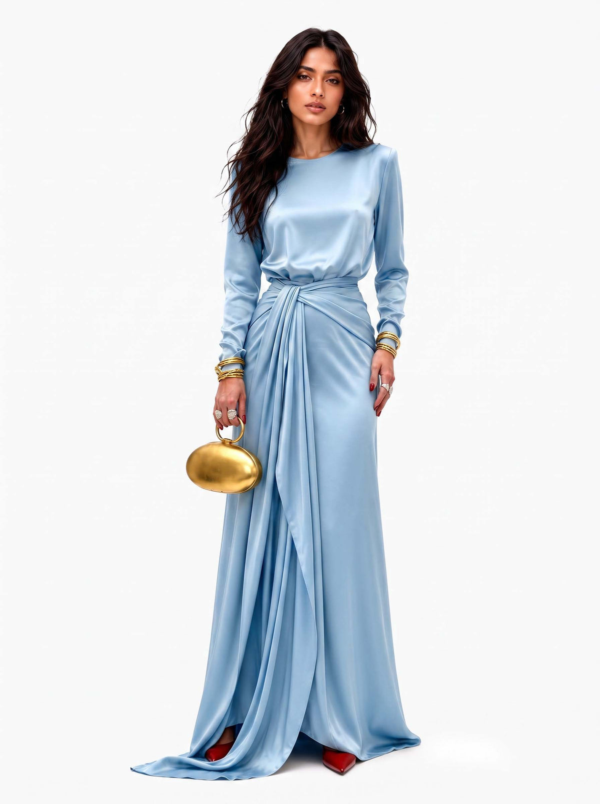 Sveva, vestito lungo effetto raso drappeggiato, azzurro chiaro